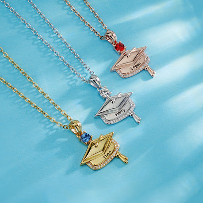 Custom Graduation Name Engraving Gift Personalized Graduation Cap Hat Pendant Necklace with Birthstone for Women